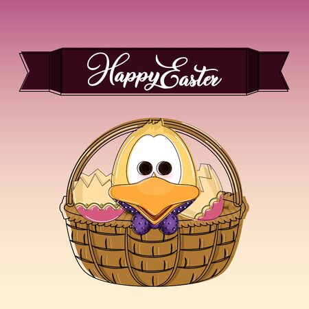 Happy easter poster. Cute duckling cartoon - Vectorのイラスト素材
