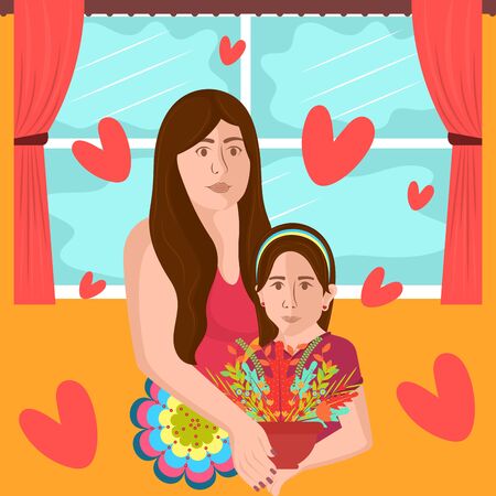 Happy mothers day card. Woman hugging a child - Vectorのイラスト素材