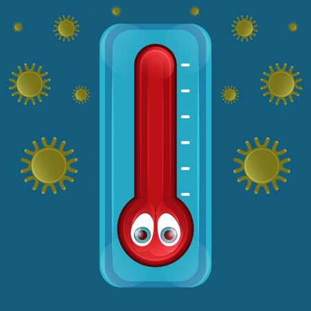 Cartoon of a thermometer over a virus background - Vectorのイラスト素材