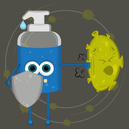 Cartoon of a soap bottle fighting virus. Virus protection - Vectorのイラスト素材