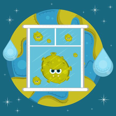 Angry virus cartoon on a window over an earth planet - Vectorのイラスト素材