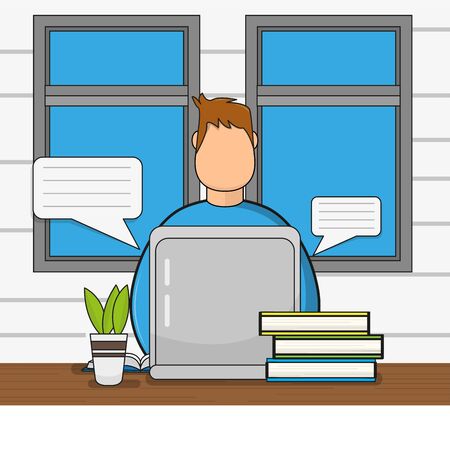 Young man studying in home. Online class. Self-learning - Vector illustrationのイラスト素材