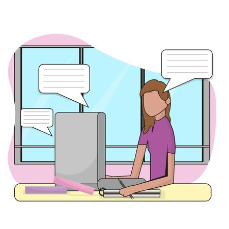 Young woman studying in home. Online class. Self-learning - Vector illustrationのイラスト素材
