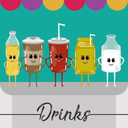 Drinks cartoons illustration. Cartoon of coffe cup, juice bottle, soda and milk bottle - Vectorのイラスト素材