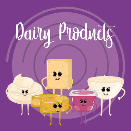 Set of dairy products cartoons. Cartoons of a butter, cheese, cream and pudding - Vectorのイラスト素材