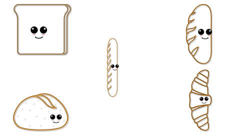 Set of breads cartoon. Cartoons of a sliced bread, french bread, bun bread and croissant - Vector