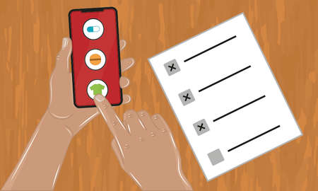 Shopping online using cell phone. Check list - Vector