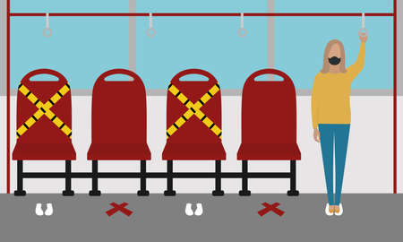 Woman in public transport wearing mask. Coronavirus prevention - Vectorのイラスト素材