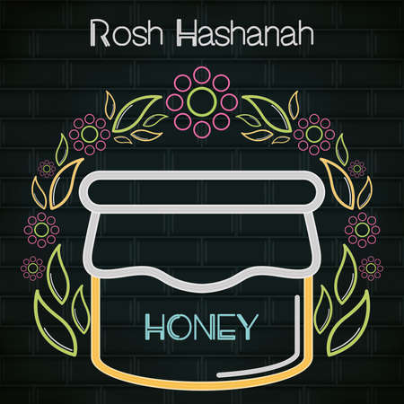 Rosh Hashanah celebration. Honey glass in a neon poster - Vectorのイラスト素材
