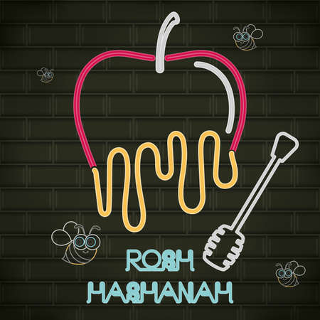 Rosh Hashanah neon poster with an apple and honey dipper - Vectorのイラスト素材