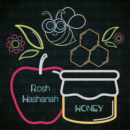 Rosh Hashanah neon poster with an apple and honey glass - Vectorのイラスト素材