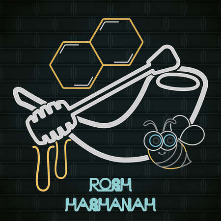 Rosh Hashanah neon poster with a tobacco pipe and honey dipper - Vectorのイラスト素材