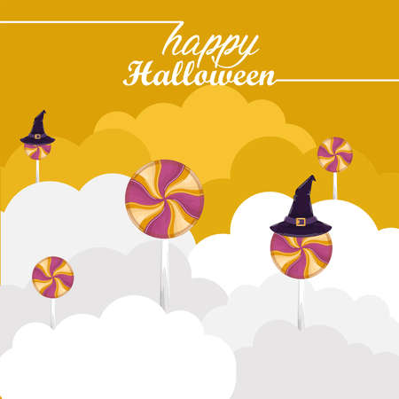 Lollipops and witch hats. Happy halloween card - Vector illustrationのイラスト素材