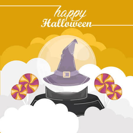 Witch hat in a crystal ball. Happy halloween card - Vector illustrationのイラスト素材