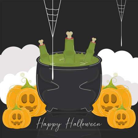 Halloween pumkins, witch pot and zombie fingers. Happy halloween card - Vector illustrationのイラスト素材