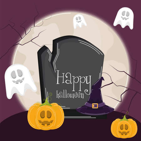 Scary halloween scene. Happy halloween card - Vector illustration