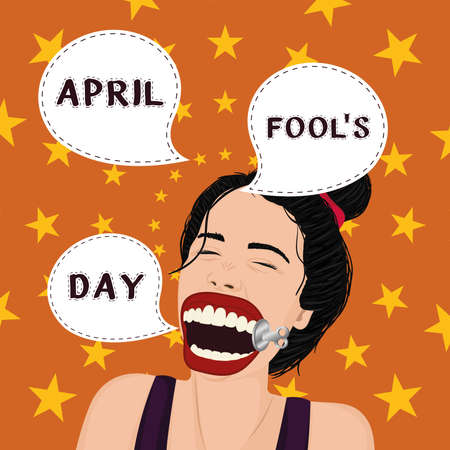 April fool day poster. Laughing woman with funny mouth. Pop art style - Vectorのイラスト素材