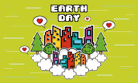PIxeled metropolis celebrating earth day - Vector illustration