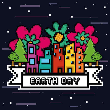 PIxeled metropolis with flowers celebrating earth day - Vector illustrationのイラスト素材