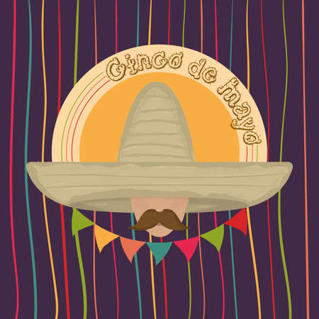 Man face with a traditional mexican hat and mustache. Cinco de mayo poster - Vectorのイラスト素材