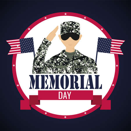 US army man with flags of United States. Memorial day poster - Vector illustrationのイラスト素材
