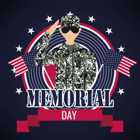 US army man with flags of United States. Memorial day poster - Vector illustrationのイラスト素材