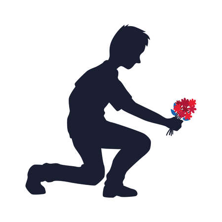 Isolated kneeling man with flowersのイラスト素材