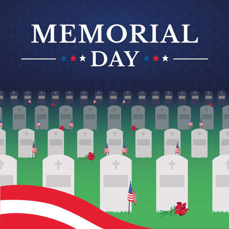 Graves with flag of United States Memorial dayのイラスト素材
