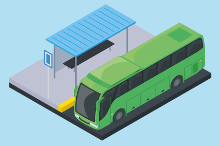 Isolated isometric 3d bus next to a bus stopのイラスト素材