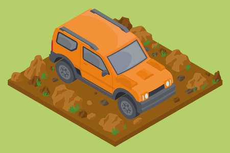 Isolated 3d isometric orange van riding on a landのイラスト素材