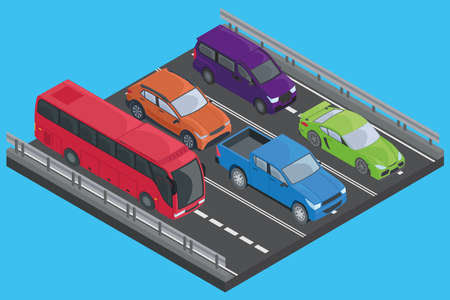 Isolated group of isometric cars on an avenueのイラスト素材