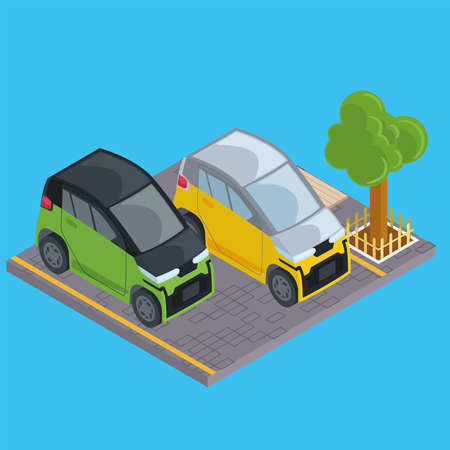 Isolated pair of 3d electric cars on a streetのイラスト素材