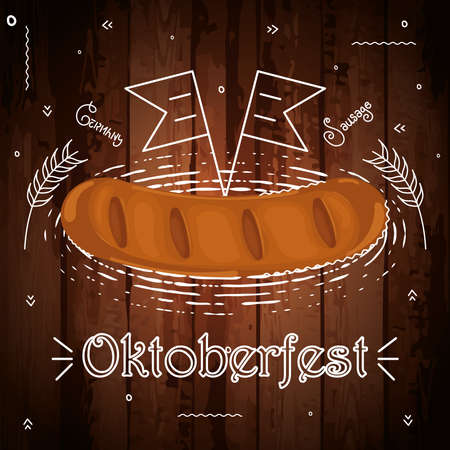 Isolated sausage on a wooden background with chalk flags Oktoberfestのイラスト素材