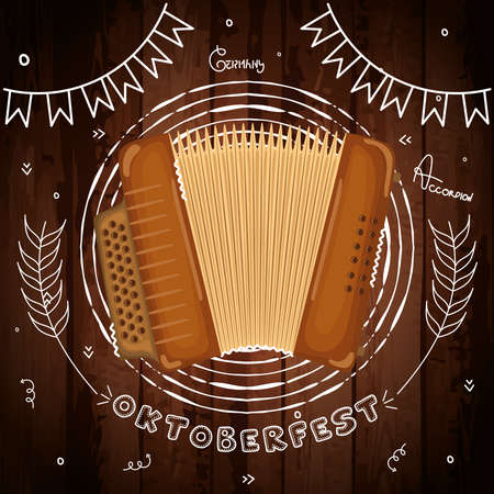 Accordion on a wooden background with chalk oktoberfest ornamentsのイラスト素材