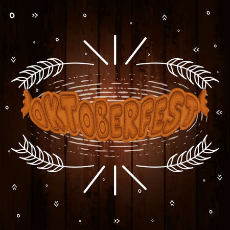 Sausage with text on a wooden background with oktoberfest ornamentsのイラスト素材