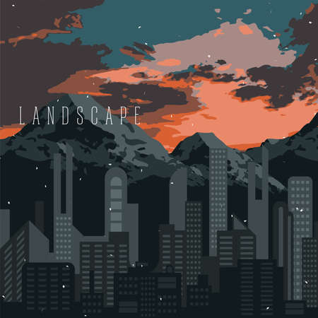 Sunset landscape of a city next to the mountainsのイラスト素材