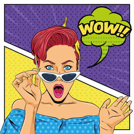 Pop art retro woman with sunglasses on a comic pageのイラスト素材