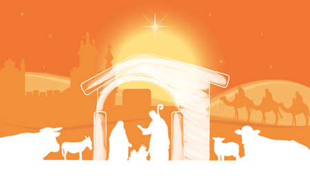 Nativity landscape orange night scene with a star mangel Vectorのイラスト素材
