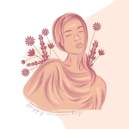 Happy woman day illustration Sketch of woman with flowers Vectorのイラスト素材