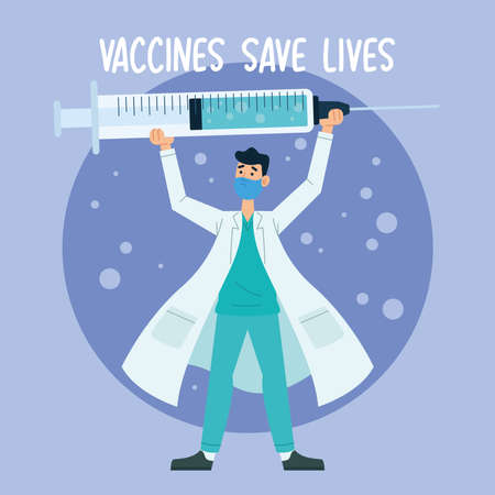 Vaccine save lives poster Doctor holding a syringe Vectorのイラスト素材