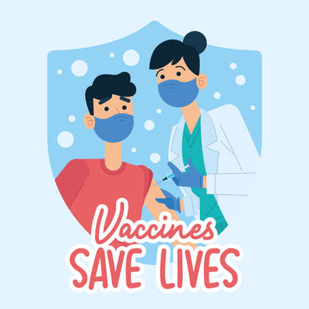 Vaccine saves lives poster nurse applying vaccine to patient Vectorのイラスト素材