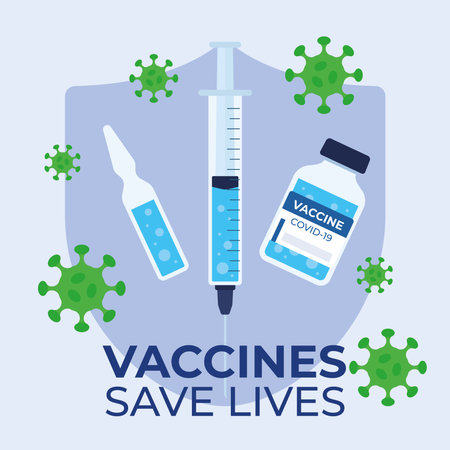 Vaccines save lives poster medical shield with flask and medicine Vectorのイラスト素材