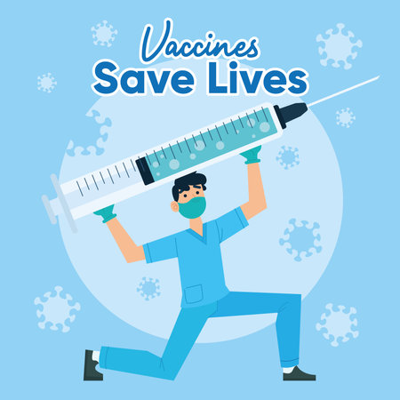 Vaccine save lives poster Doctor holding a vaccine Vectorのイラスト素材
