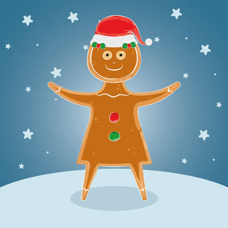 Isolated happy gingerbread female cookie cartoon on a winter landscape Vector