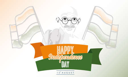 Colored poster with flag of India and gandhi silhouette India independence dayのイラスト素材
