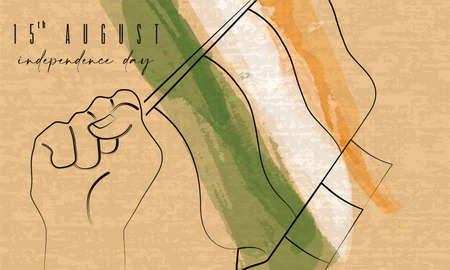 Hand holding a flag on a colored happy india independence day