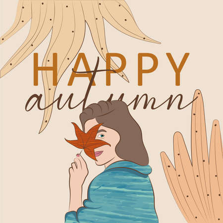 Happy girl with an autumn leaf Happy autumn background Vectorのイラスト素材