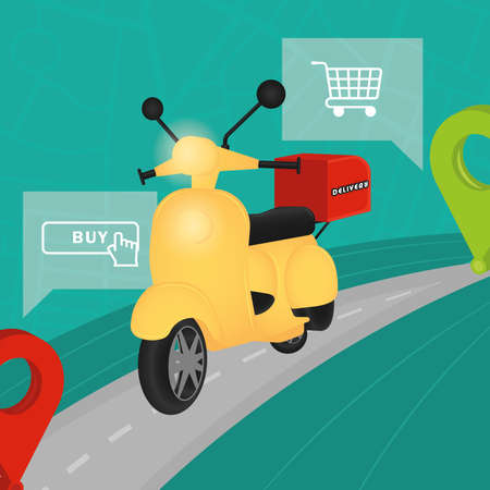 Yellow delivery bike with a package Delivery concept art Vectorのイラスト素材