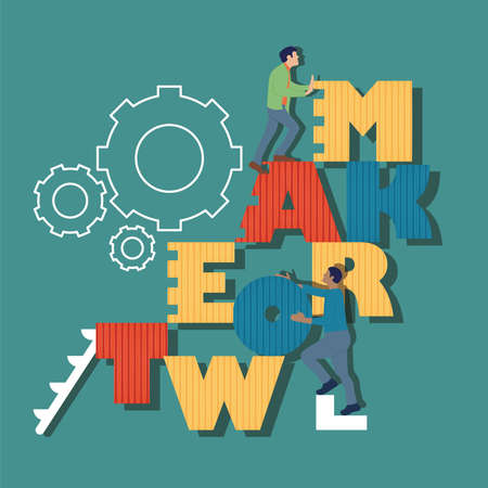 Pair of boys pushing some letters to create the word teamwork Business Vectorのイラスト素材