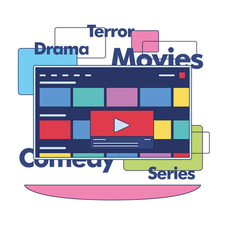 Streaming service concept image Multimedia screen with different titles Vectorのイラスト素材